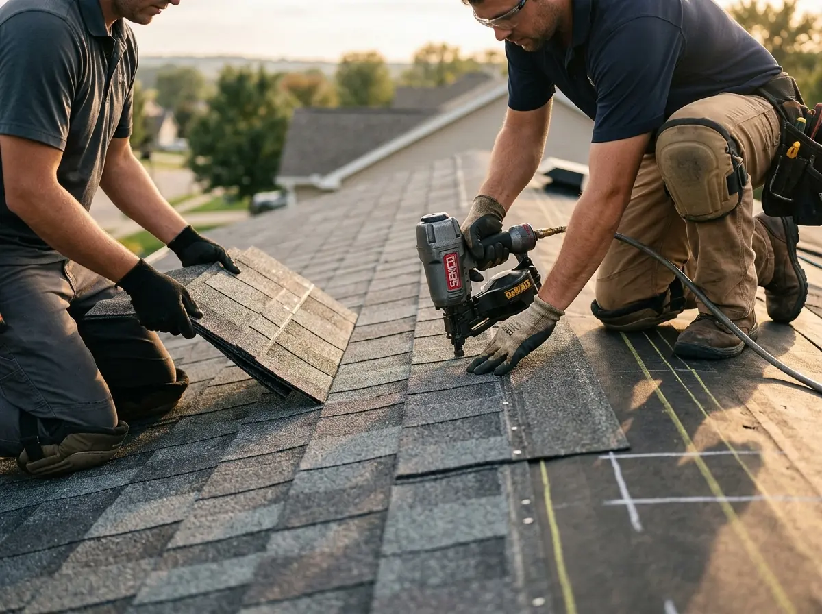 Professional roofer working on a residential roof in Alexandria